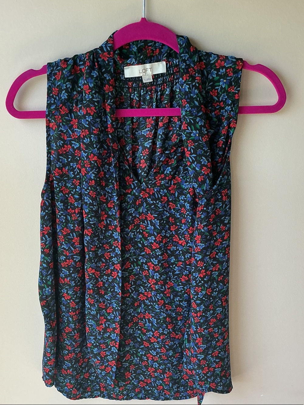 LOFT Black Floral Sleeveless V-Neck Camisole with Red & Blue Flowers